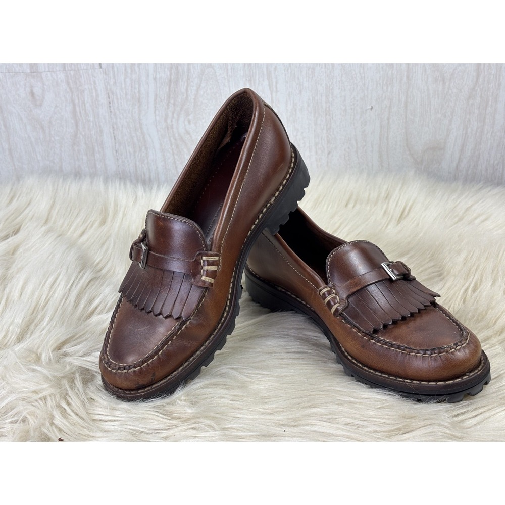 Cole Haan Womens 6.5B Brown Leather Kiltie Buckle Lug Sole Loafers Vintage
